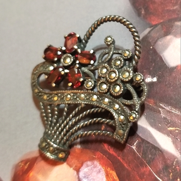 VTG GARNET Marcasite Sterling Basket Brooch - Picture 3 of 6